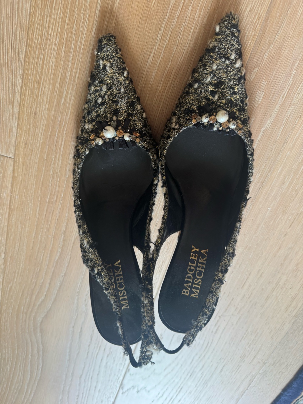Badgley Mischka Black and Gold Tweed Pointed Slingback Flats with Pearl Detail